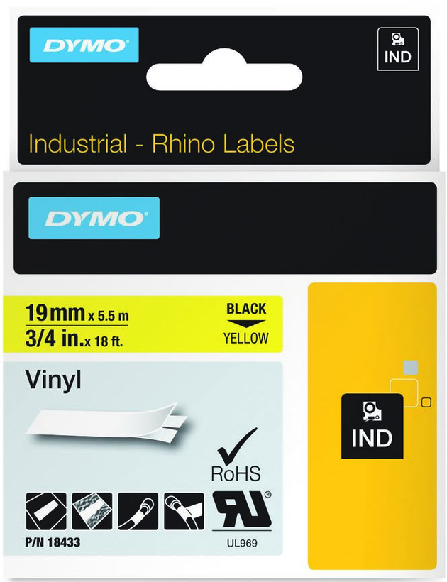 Ruban vinyle Dymo Rhino jaune, 19 mm