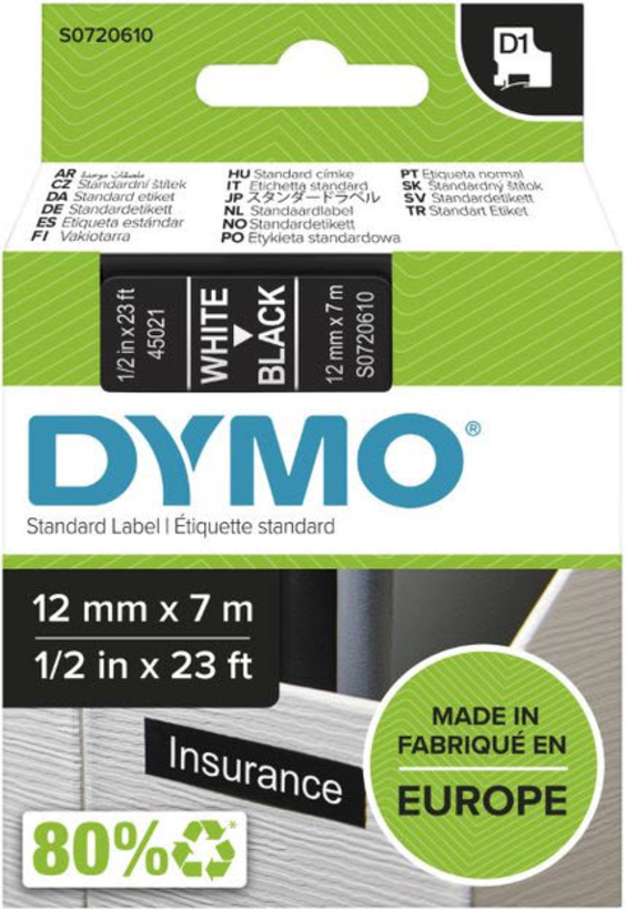 Cinta D1 Dymo LM 12 mm x 7 m negro