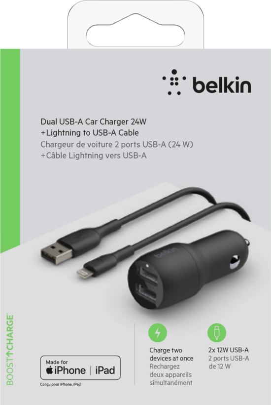 Belkin 2x USB autós töltő 4800 mA, fek.