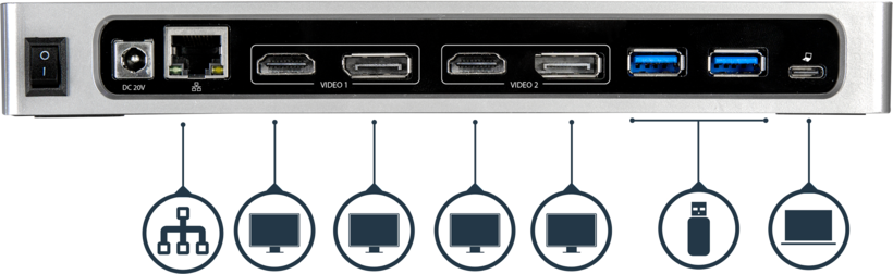 Adaptador USB-C HDMI/DP/RJ45/USB/áudio