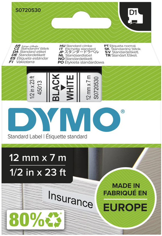Cinta D1 Dymo LM 12 mm x 7 m blanco