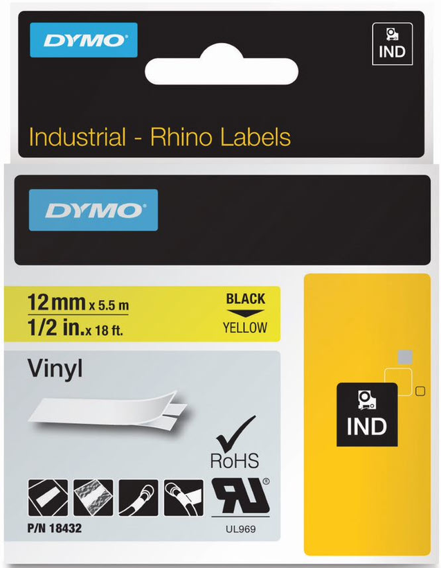 Ruban vinyle Dymo Rhino jaune, 12 mm