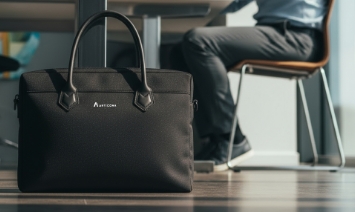 Articona-Laptoptasche steht neben Büroarbeitsplatz