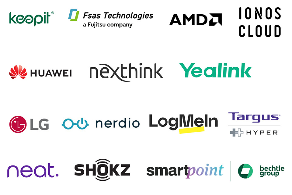 Partnerbanner mit den Logos von: keepit, Fsas Technologies, AMD, IONOS Cloud, Huawei, nexthink, Yealink, LG, nergio, LogMeIn, Targus Hyper, net.,showkz, smartpoint