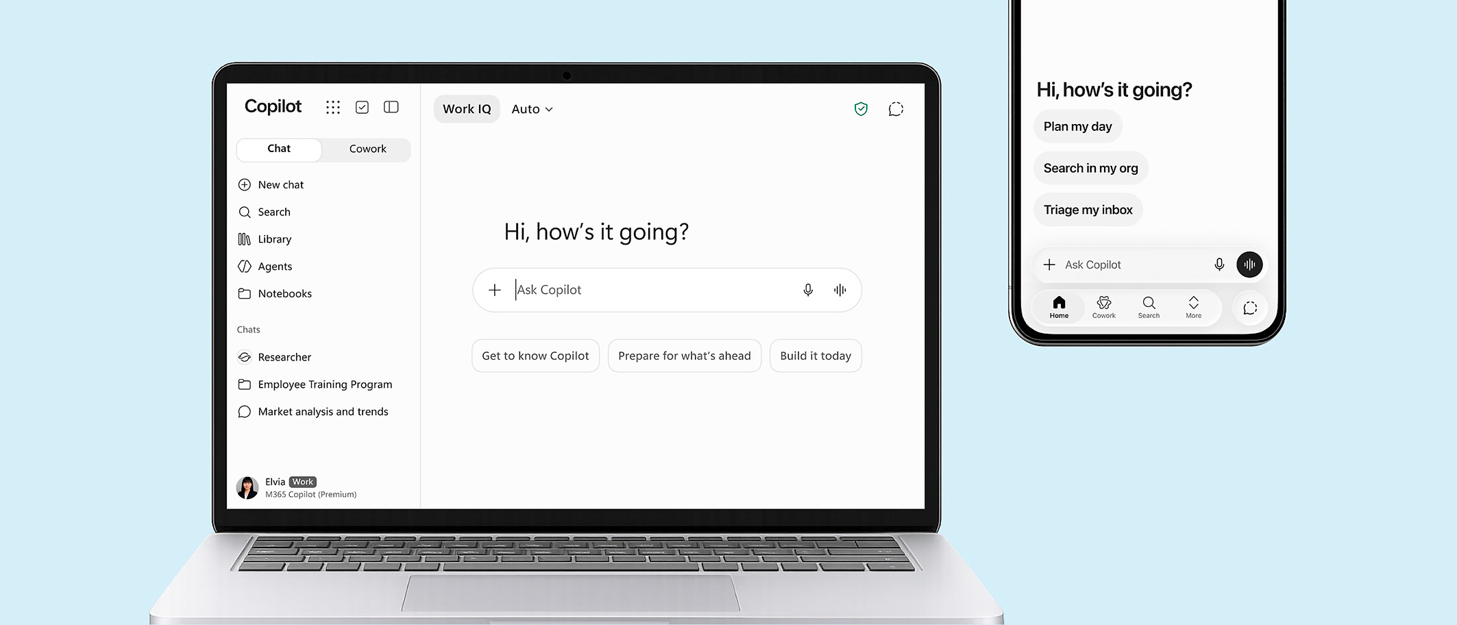 User interface of Microsoft Copilot with chat and search features for organizing and planning the workday