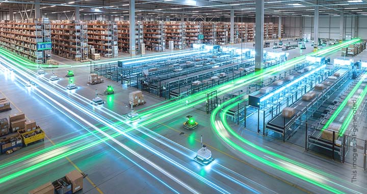 An AI-controlled production hall, viewed from above