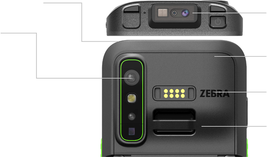 Back of a Zebra mobile terminal with camera, LED flash, sensors, and accessory connector
