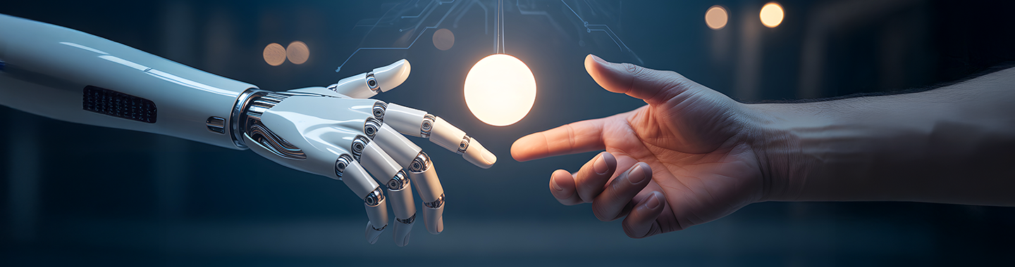 Eine menschliche Hand streckt sich nach einer KI-Hand aus.