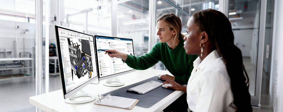 Zwei Frauen sitzen in einer modernen Produktionshalle vor zwei Monitoren und überwachen den Prozess.