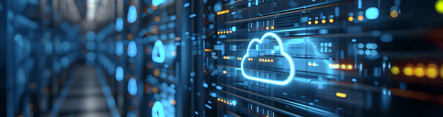 Neon-Wolken-Symbol über einem Rechenzentrum