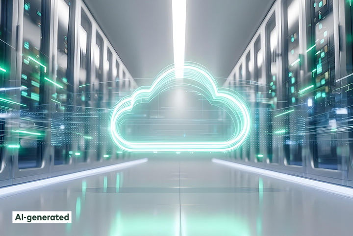 A neon cloud sign is floating in a server room