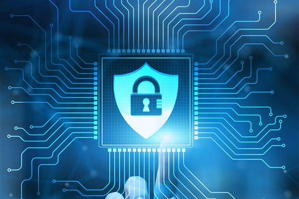 Hand pointing at digital security icon with lock and shield on a technological background