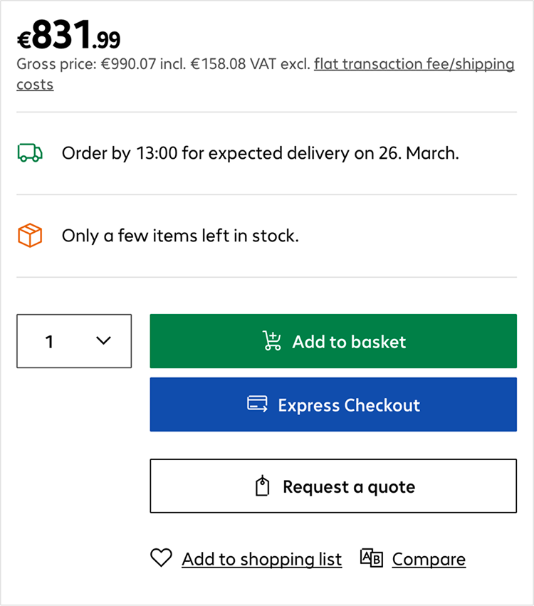 The lower section of the shopping area on the product details page