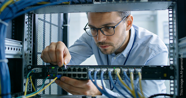 A technician is working on the connections of a web server rack.