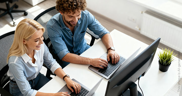 A man and a woman look happily at their laptops.