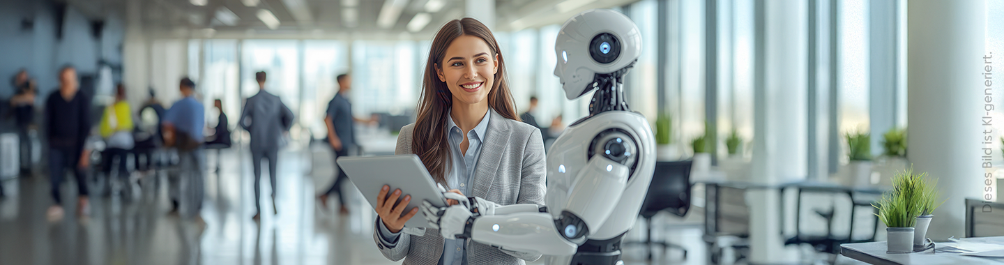 A happy woman is talking with a robot in an office