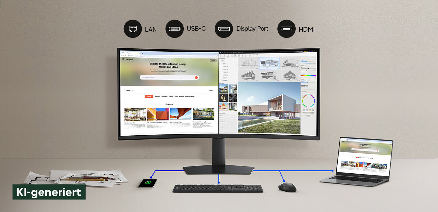 Samsung Monitor mit Tastatur, Maus und Notbook