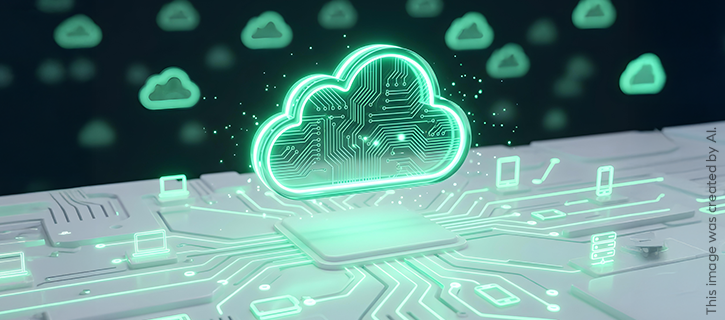 An image of a neon cloud sign in a server room