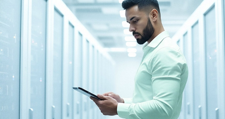Ein Mann steht in einem Serverraum und schaut auf ein Tablet