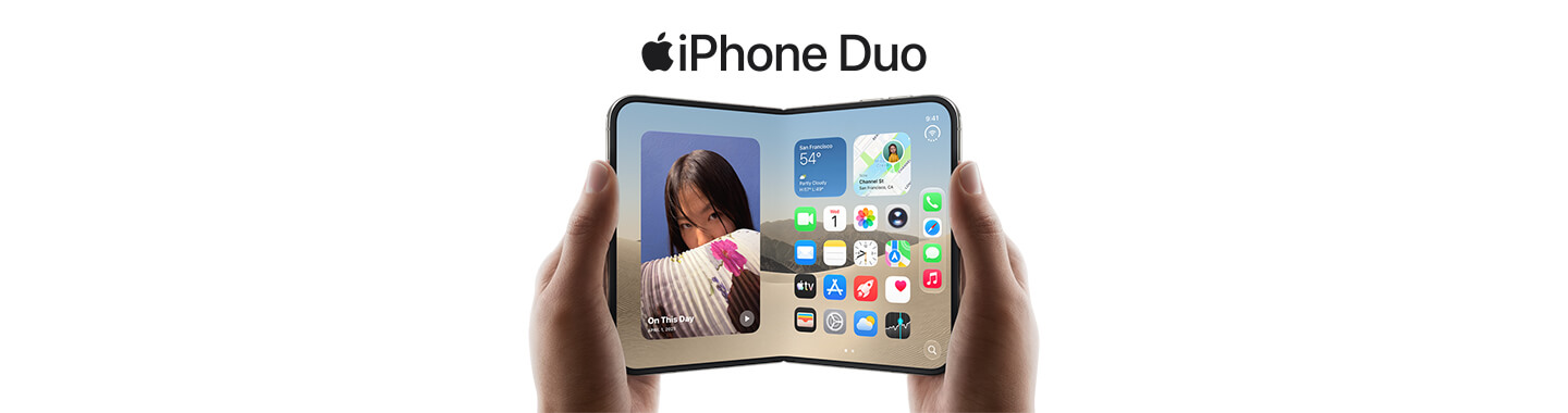 Foldable iPhone Duo with two screens enabling multitasking and app usage on an expanded display