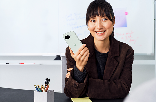 Google Pixel 10a - woman talking with Pixel 10a