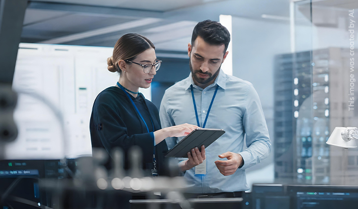 A woman is showing something on a tablet to a man in a server room