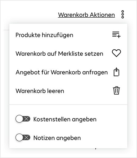 Geöffnetes Warenkorb Aktionen Menü