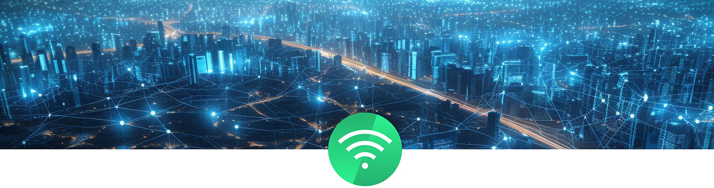 Digital network of a city at night with glowing points and lines symbolizing smart infrastructure