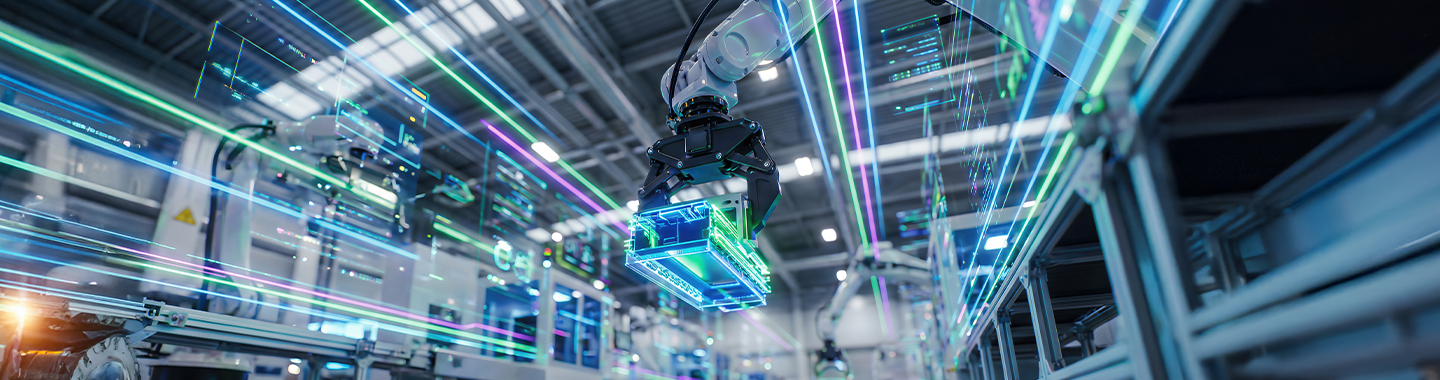 Eine große Roboterhand arbeitet in einem Lagerhaus, das in Neonlicht getaucht ist