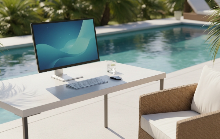 Monitor mit Tastatur auf Tisch neben Pool