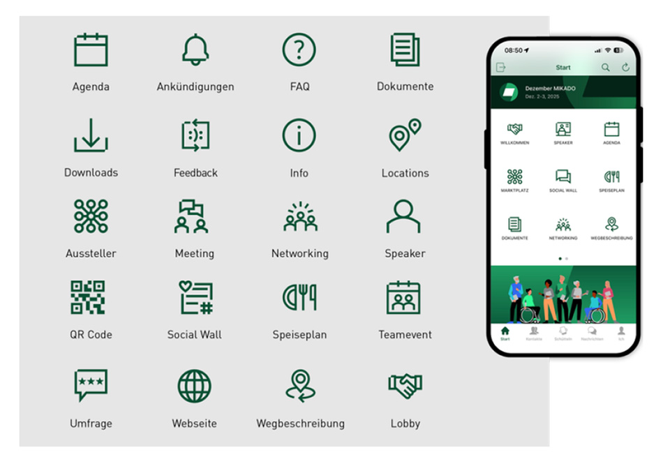 Infografik, die eine Vorschau unserer Event-App auf einem Smartphone-Bildschirm zeigt, daneben zahlreiche verschiedene Symbole, die die unterschiedlichen Funktionen der App symbolisieren.