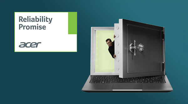 Laptop mit einer Tresortür auf dem Bildschirm und einer Person, die aus dem Inneren kommt