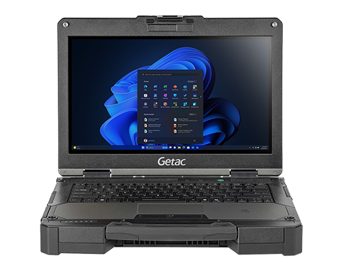 Rugged Getac laptop displaying Windows 11 start menu on screen designed for use in demanding environments