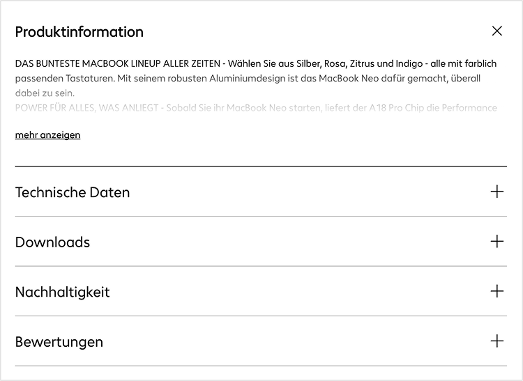 Informationsbereich mit aufklappbaren Akkordeons