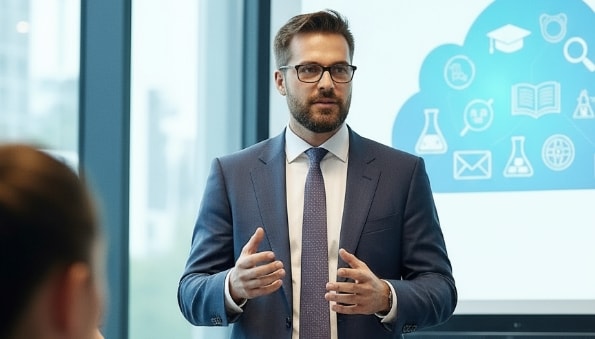 Speaker in front of cloud graphic in conference room