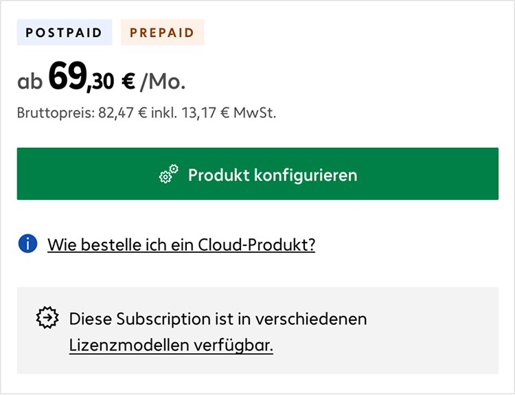 Unterer Ausschnitt des Kaufbereichs einer Cloud-Produktdetailseite