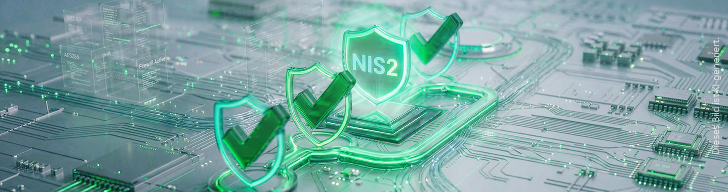 Abstrakte, leuchtende Neonpfeile führen zum NIS2-Symbol
