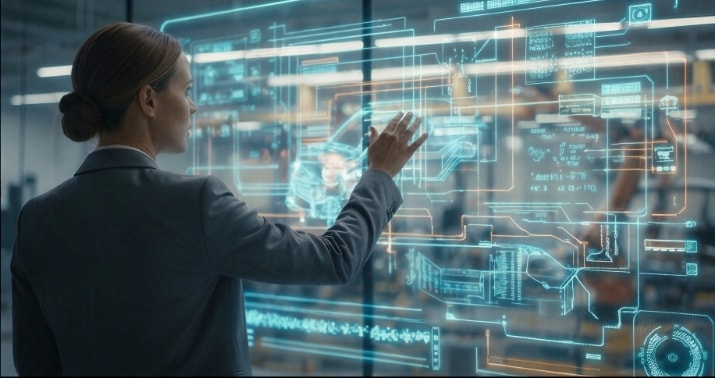 Ingenieurin analysiert interaktive digitale Produktionsdaten auf transparenter Anzeige