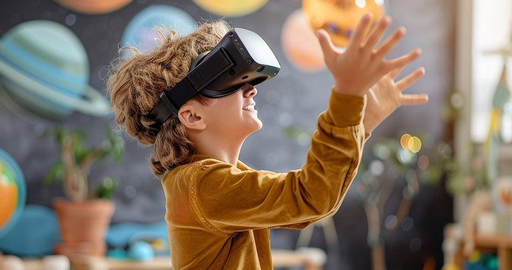 Ein Junge lernt in der Schule mit einer VR-Brille.