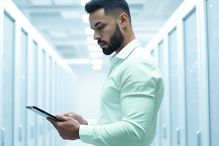 Mann im Rechenzentrum prüft Energieeffizienz mit Tablet