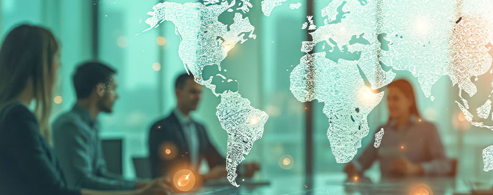 Personen in moderner Büroumgebung im Gespräch mit digitaler Weltkarte als Symbol für globale Vernetzung