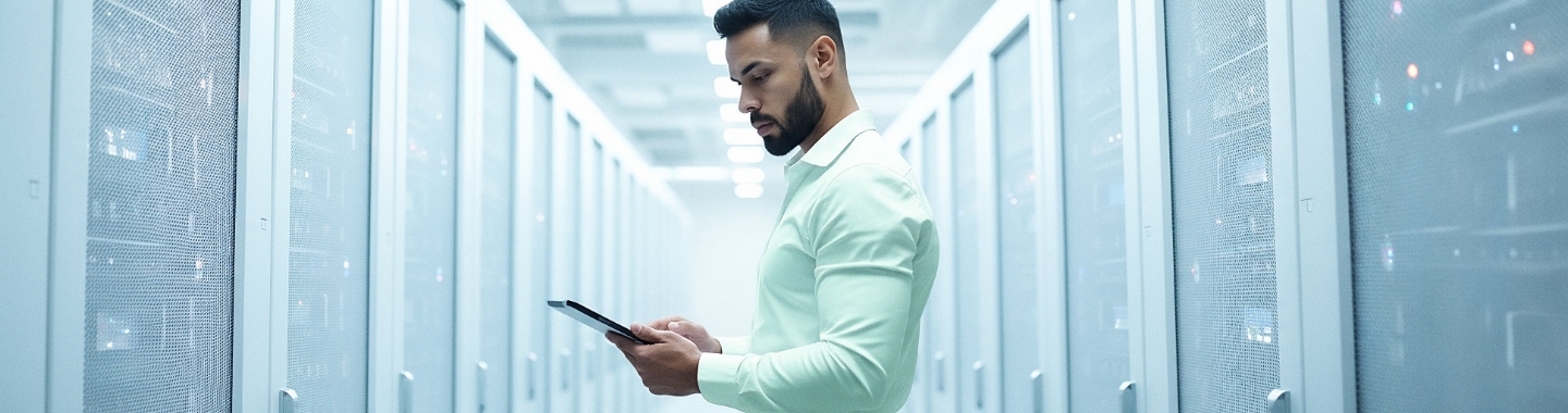 Mann im Rechenzentrum prüft Energieeffizienz mit Tablet
