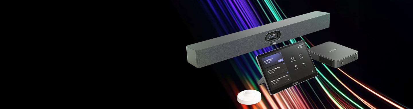 Yealink products on black background with colored lines