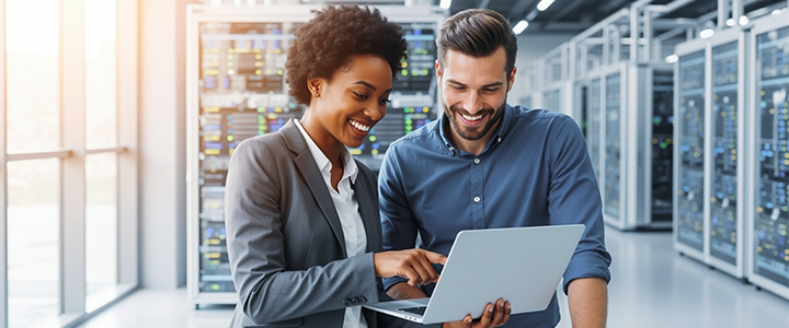 Eine Frau und ein Mann unterhalten sich in einem Büro und schauen dabei auf einen Laptop.