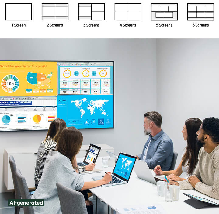 Team in meeting analyzing global market and business data on multiple screens in conference room