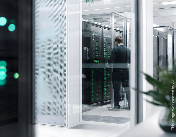A man in a black suit is working in a server room