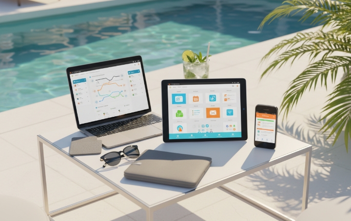 Laptop und Tablet mit Diagrammen auf Tisch am Pool