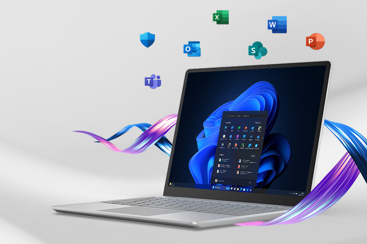 hp laptop with windows 11 screen on a grey background