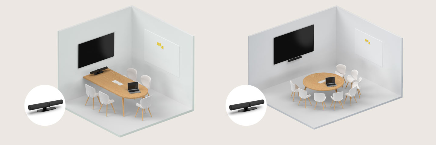 A small and a medium-sized meeting rooms with video bars