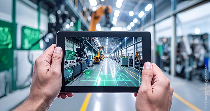 a tablet that shows IoT in a production hall